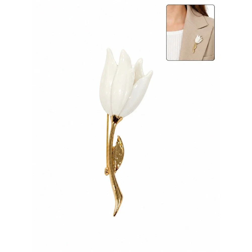 Monet Tulip Flower Brooch Pin Gold White Resin Vintage Signed 3 in cute gift